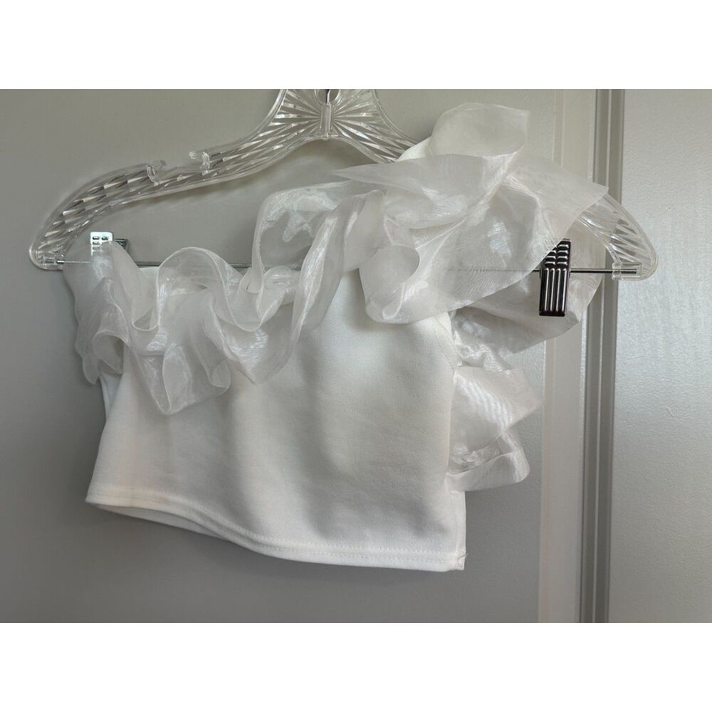 Nasty Gal White Bridal Croppped One Shoulder Top Ruffle Neckline Women's Sz 2